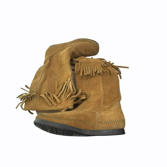 Minnetonka Women's Fringe Suede Mid Calf Boots Size 8 Camel Tan - Picture 2 of 10